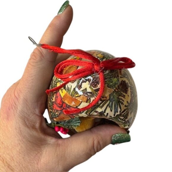 Vintage Teddy Bear Egg-Shaped Ornament With Red Accents & Hanging Ribbon - Picture 6 of 6